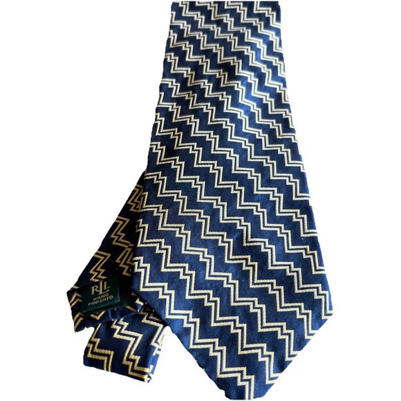 Lauren RALPH LAUREN Men’s Silk Tie  Navy Blue/Gold Uneven Stripe Design Made USA - Picture 1 of 6